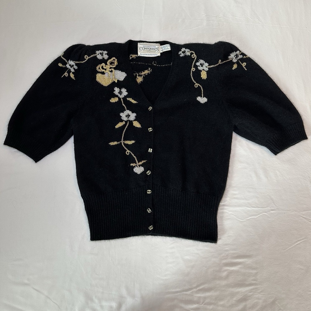 Susan Bristol 1987 Embroidered Button Front Cardigan Short Puff Sleeve Sweater M - Picture 2 of 11